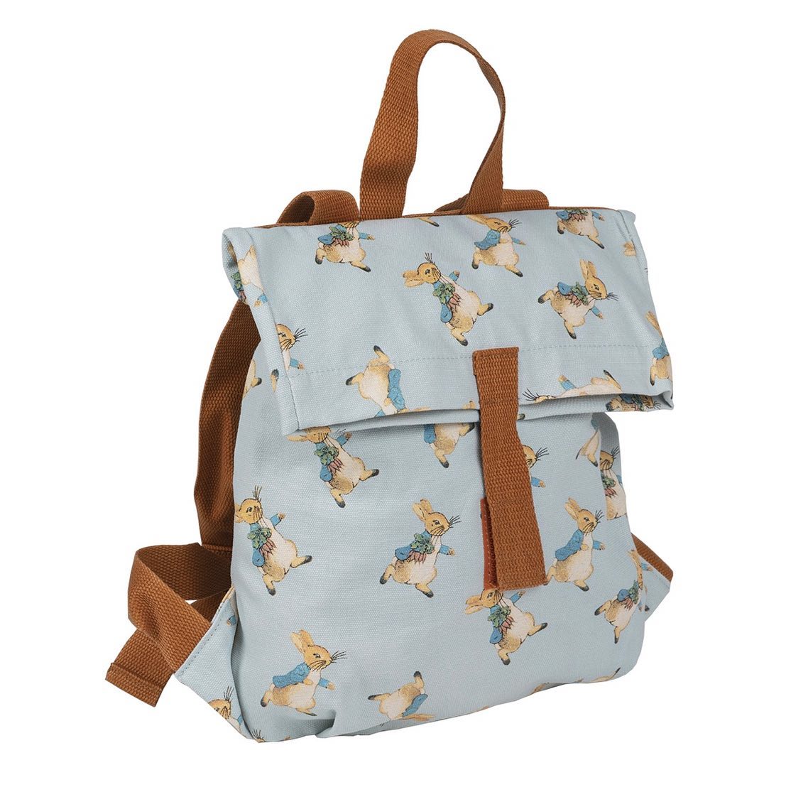 Mochila azul con estampado de Peter Rabbit y tirantes marrones